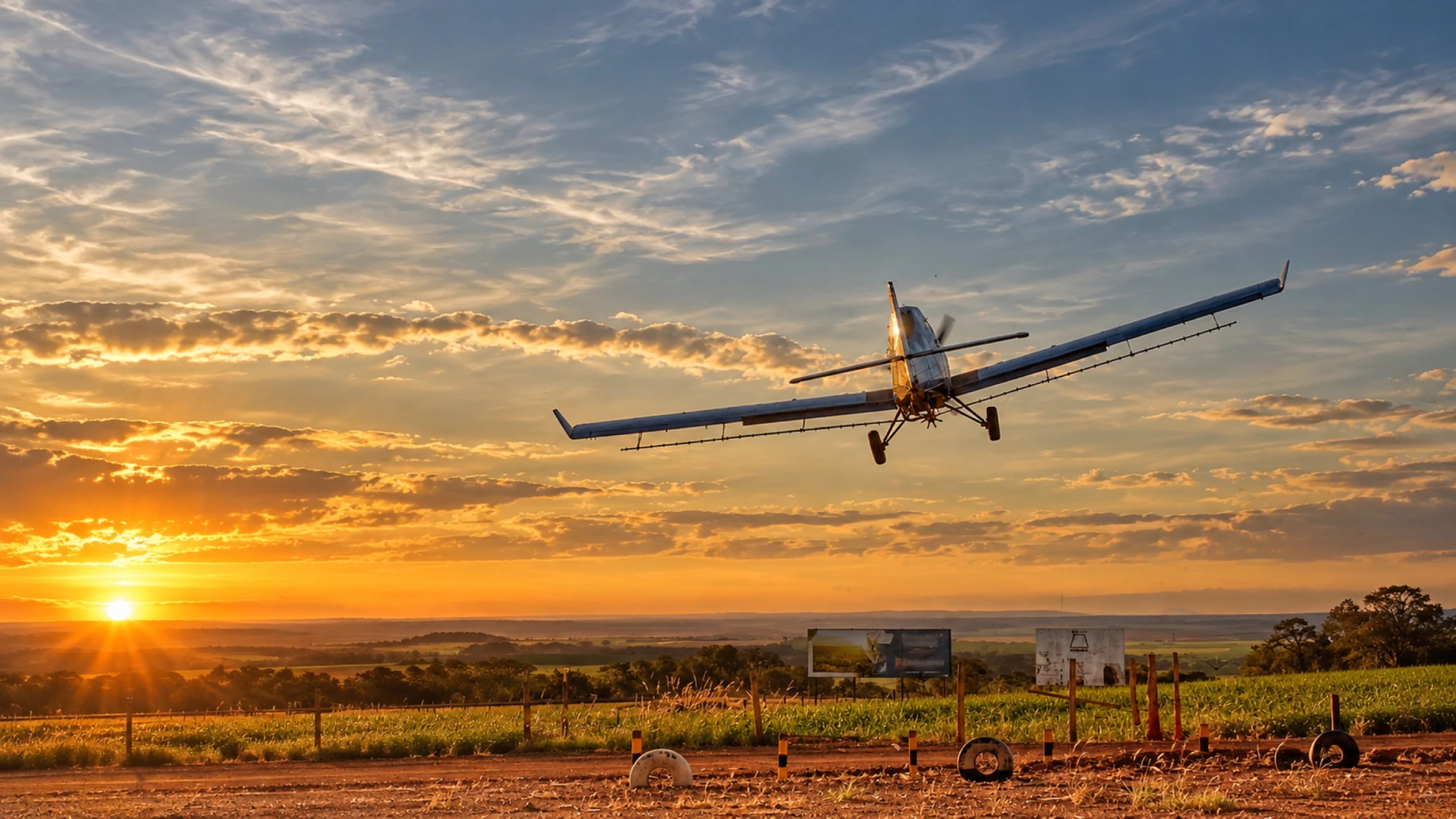 Aeronave agrícola em voo ao pôr do sol