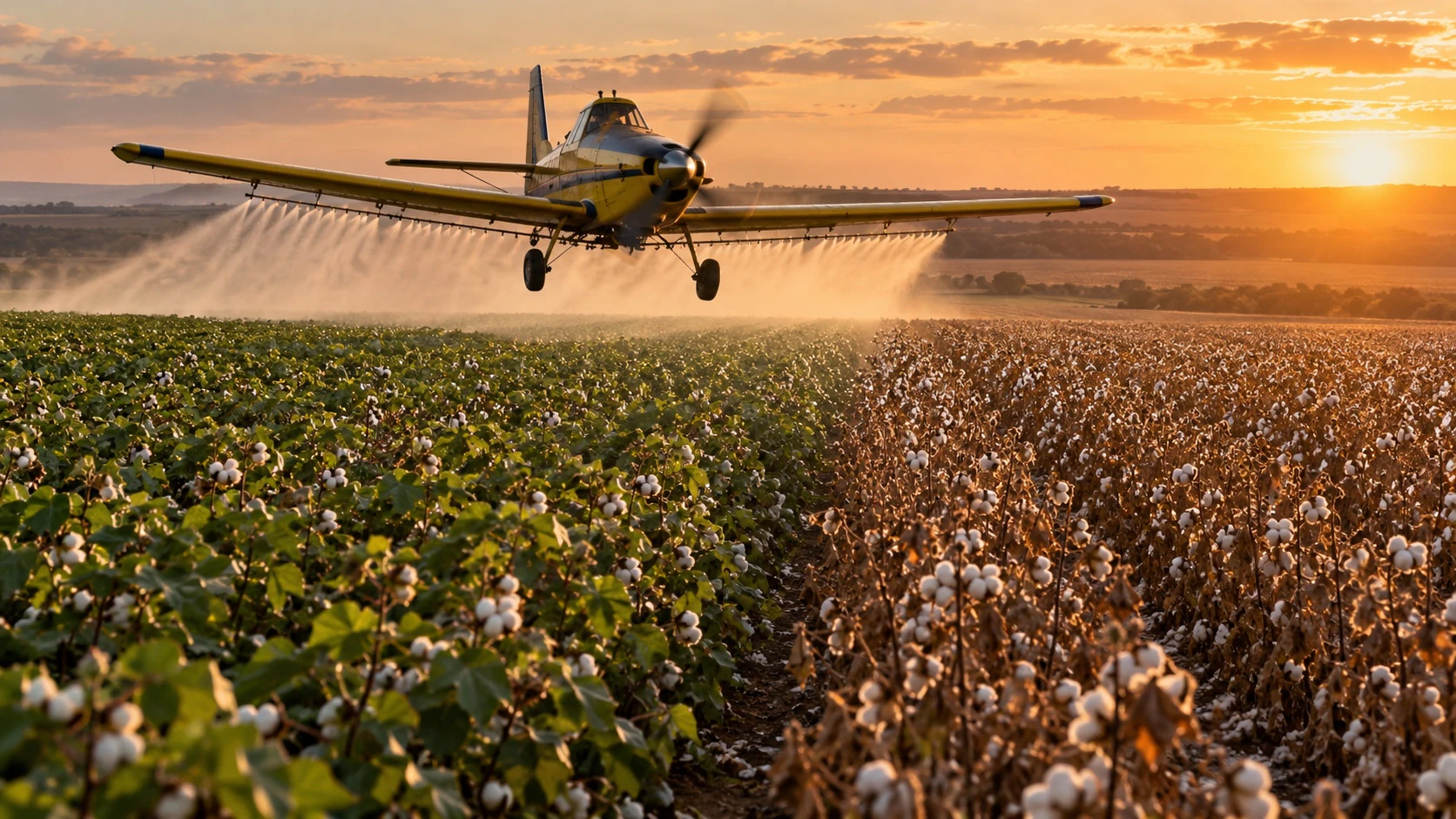 Aeronave agrícola aplicando maturador e desfolhante sobre uma lavoura de algodão