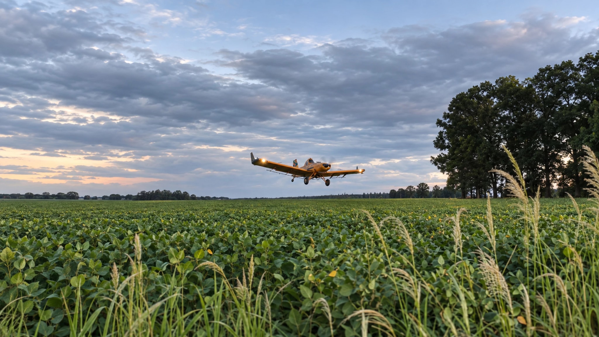 Aeronave agrícola em voo baixo sobre a lavoura