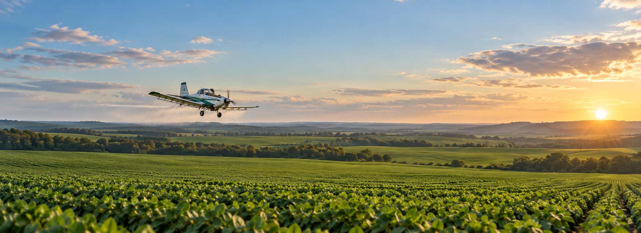 Aeronave agrícola sobre uma lavoura ao pôr do sol